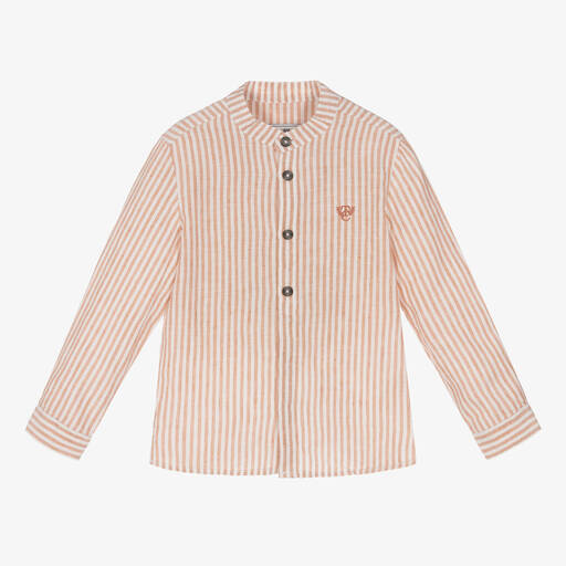 Tartine et Chocolat-Boys Brown & White Striped Linen Shirt | Childrensalon