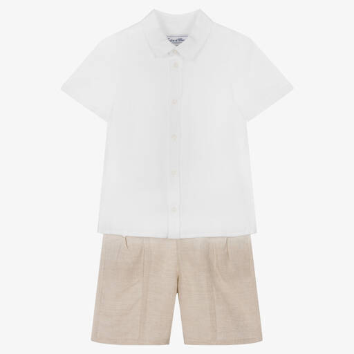 Tartine et Chocolat-Boys White & Beige Linen Shorts Set | Childrensalon