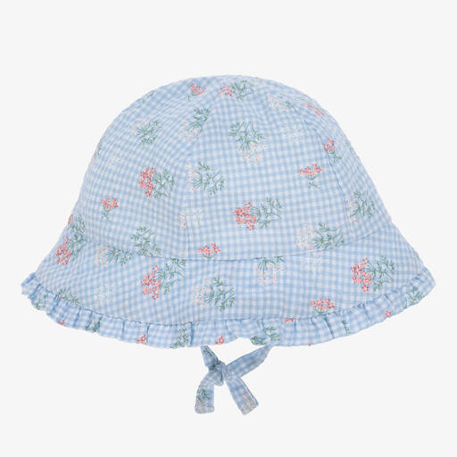 Tartine et Chocolat-Girls Blue Floral Gingham Sun Hat | Childrensalon