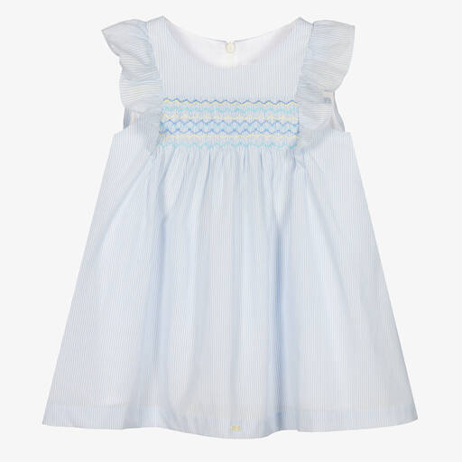 Tartine et Chocolat-Girls Blue Stripe Hand-Smocked Dress | Childrensalon