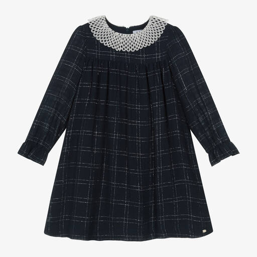 Tartine et Chocolat-Girls Blue Viscose & Wool Check Dress | Childrensalon