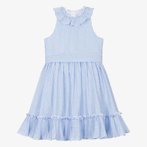 Tartine et Chocolat-Girls Blue & White Striped Cotton Dress | Childrensalon