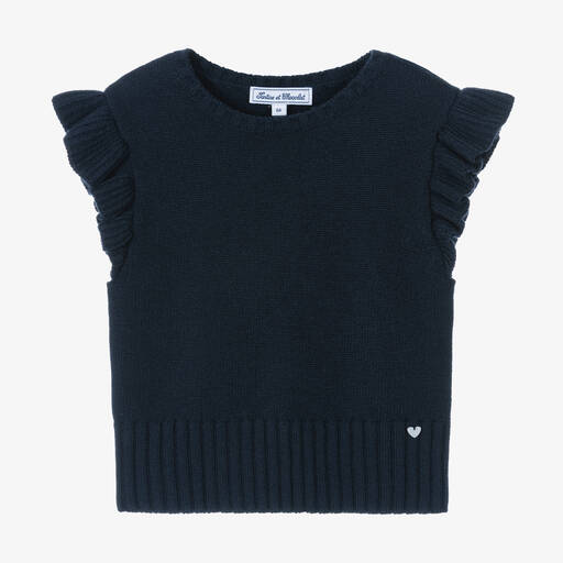 Tartine et Chocolat-Girls Blue Wool & Cashmere Tank Top | Childrensalon