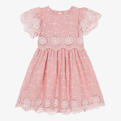 Tartine et Chocolat-Girls Dusky Pink Cotton Broderie Anglaise Dress | Childrensalon