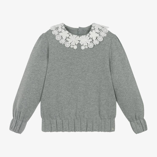 Tartine et Chocolat-Girls Grey Lace Collar Sweatshirt | Childrensalon