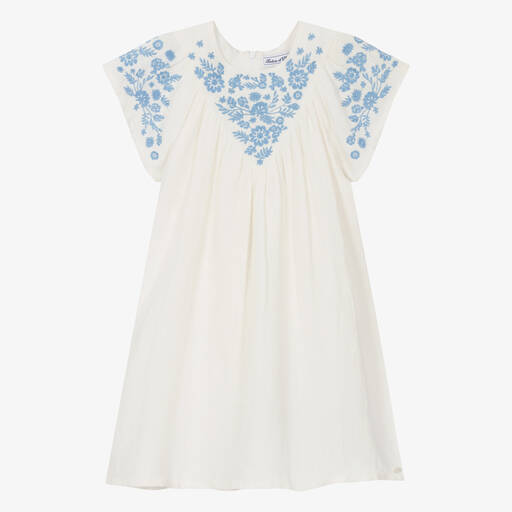 Tartine et Chocolat-Girls Ivory & Blue Floral Linen Dress | Childrensalon