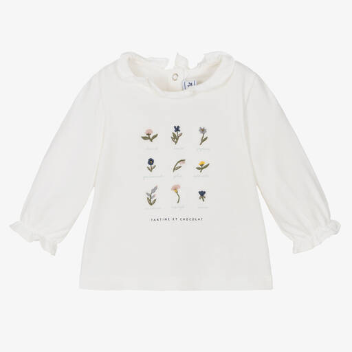 Tartine et Chocolat-Girls Ivory Cotton Floral T-Shirt | Childrensalon