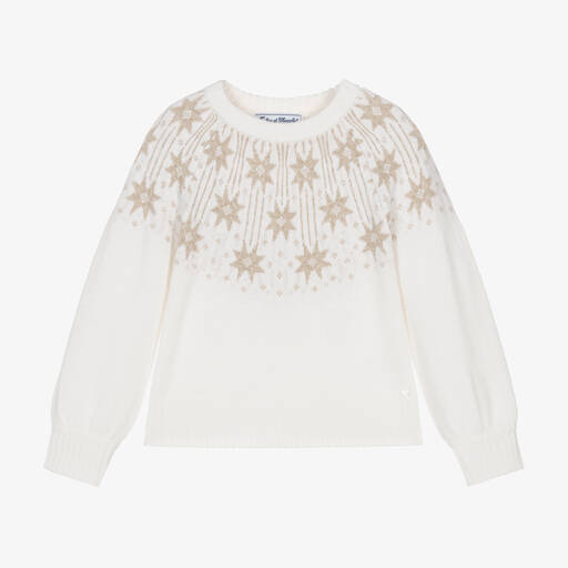 Tartine et Chocolat-Girls Ivory & Gold Star Wool Sweater | Childrensalon