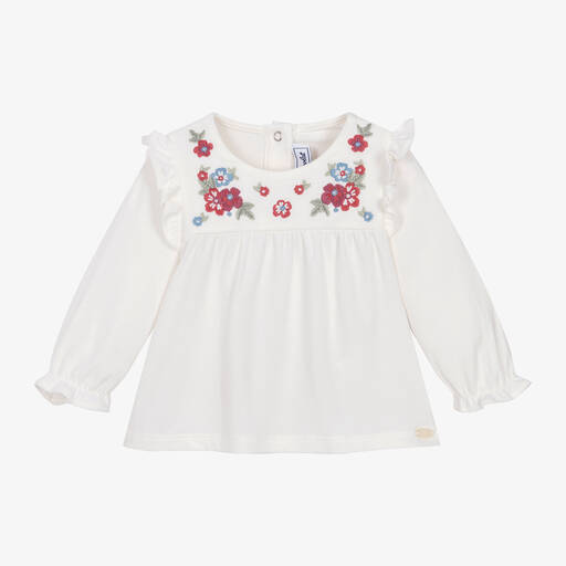 Tartine et Chocolat-Girls Ivory Jersey Embroidered Top | Childrensalon