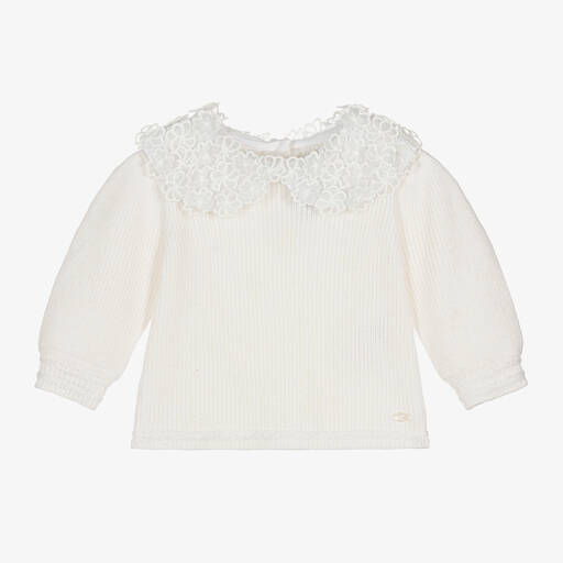 Tartine et Chocolat-Girls Ivory Wool & Floral Collar Sweater | Childrensalon
