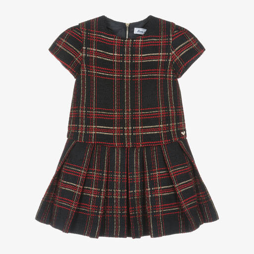 Tartine et Chocolat-Girls Navy Blue & Red Tweed Dress | Childrensalon