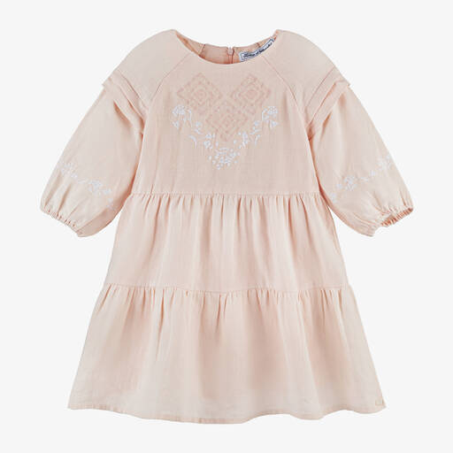 Tartine et Chocolat-Girls Pale Pink Embroidered Linen Dress | Childrensalon
