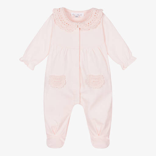 Tartine et Chocolat-Girls Pink Cotton Crocheted Babygrow | Childrensalon