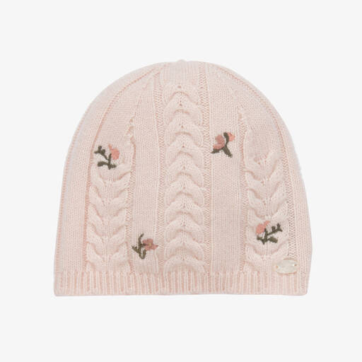 Tartine et Chocolat-Girls Pink Embroidered Wool & Cashmere Hat | Childrensalon