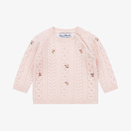 Tartine et Chocolat-Girls Pink Embroidered Wool Sweater | Childrensalon