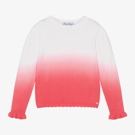 Tartine et Chocolat-Girls Pink Ombré Knitted Cotton Sweater | Childrensalon