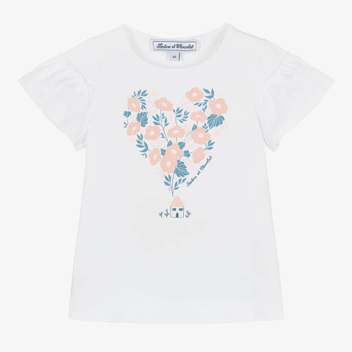Tartine et Chocolat-Girls White Cotton Floral Print T-Shirt | Childrensalon