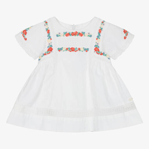 Tartine et Chocolat-Girls White Embroidered Cotton Dress  | Childrensalon
