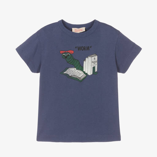 The Animals Observatory-Blue Cotton Bookworm T-Shirt | Childrensalon