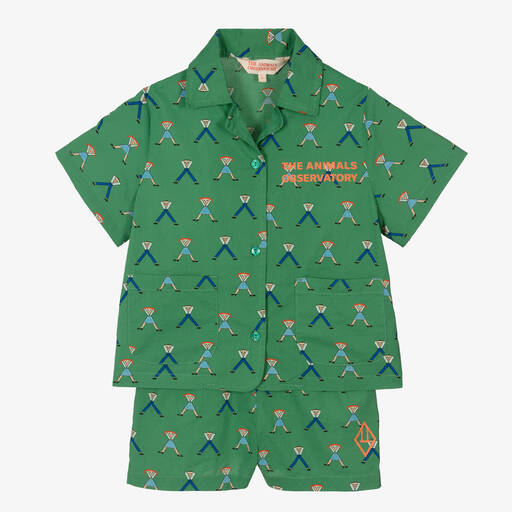 The Animals Observatory-Green Cotton Shirt & Shorts Set | Childrensalon