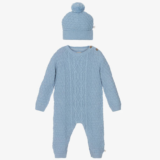 The Little Tailor-Pale Blue Knit Romper & Hat Set | Childrensalon