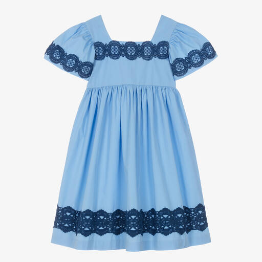 The Middle Daughter-Girls Blue Cotton & Lace Dress | Childrensalon