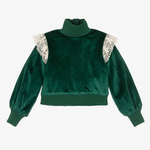 The Middle Daughter-Girls Green Velvet & Lace Sweatshirt | Childrensalon