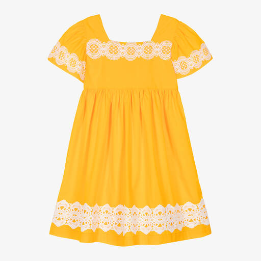 The Middle Daughter-Girls Orange Cotton & White Lace Dress | Childrensalon