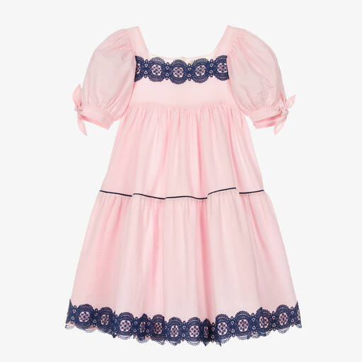 The Middle Daughter-Girls Pink & Blue Cotton Tiered Dress | Childrensalon