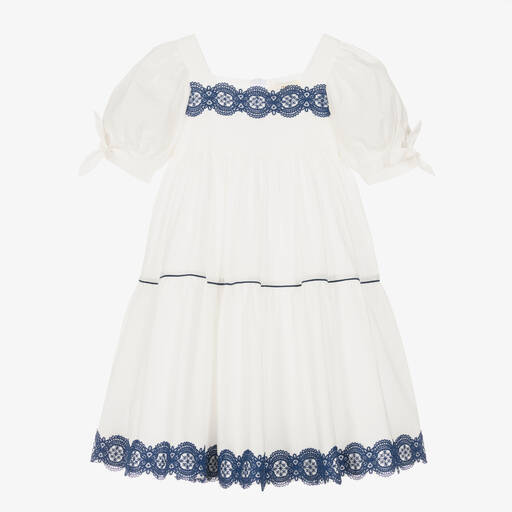 The Middle Daughter-Girls White & Blue Cotton Tiered Dress | Childrensalon