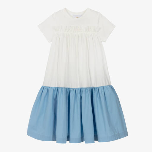 The Middle Daughter-Girls White & Blue Tiered Dress | Childrensalon