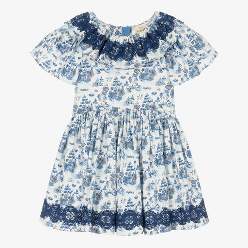 The Middle Daughter-Girls White & Blue Willow Pattern Dress | Childrensalon