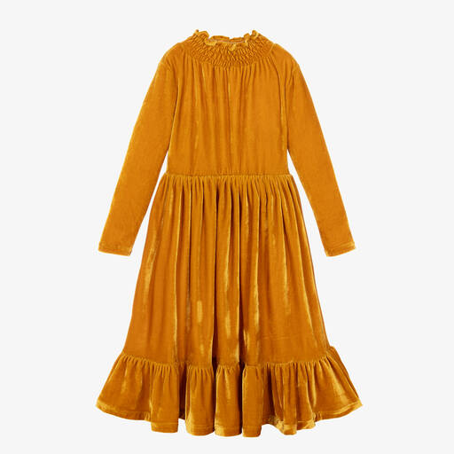 The Middle Daughter-Girls Yellow Tiered Velour Dress | Childrensalon