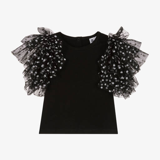 The Tiny Universe-Girls Black Cotton & Tulle T-Shirt | Childrensalon