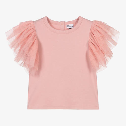The Tiny Universe-Girls Pink Cotton & Tulle Top | Childrensalon