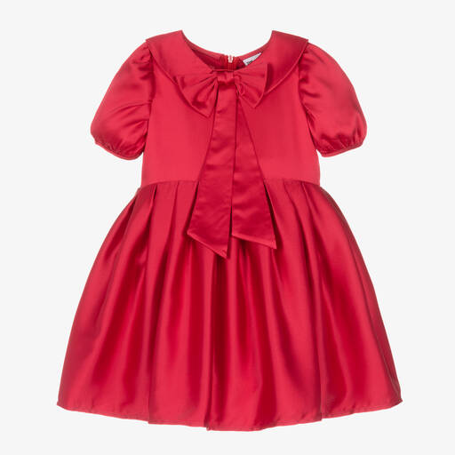 The Tiny Universe-Girls Red Satin Bow Collar Dress | Childrensalon