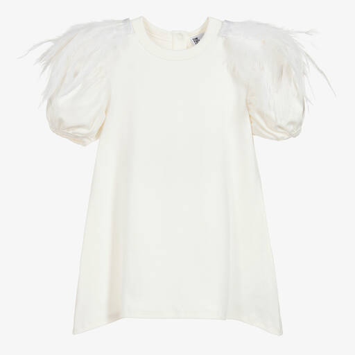 The Tiny Universe-Girls White Cotton & Feather Dress | Childrensalon
