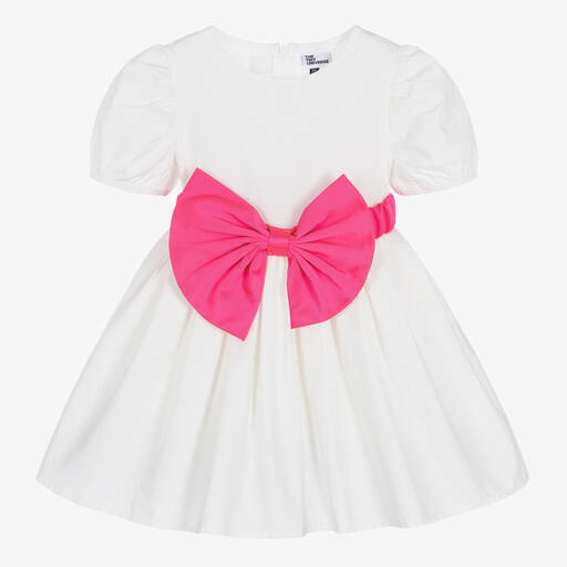 The Tiny Universe-Girls White Cotton & Pink Bow Dress | Childrensalon