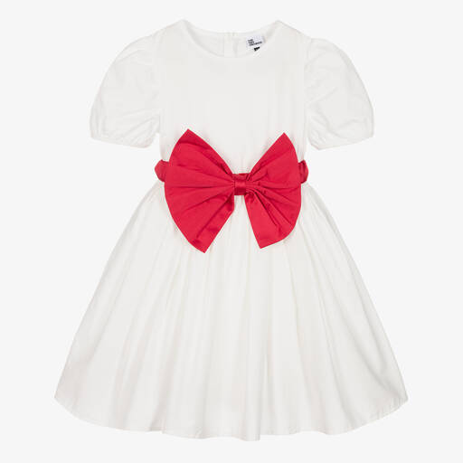 The Tiny Universe-Girls White Cotton & Red Bow Dress | Childrensalon