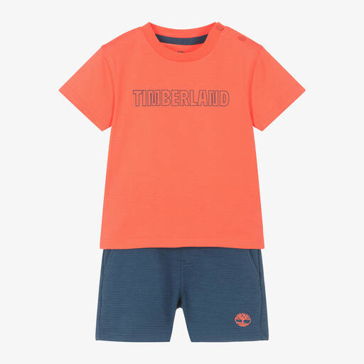 Timberland-Boys Coral Red & Blue Cotton Shorts Set | Childrensalon