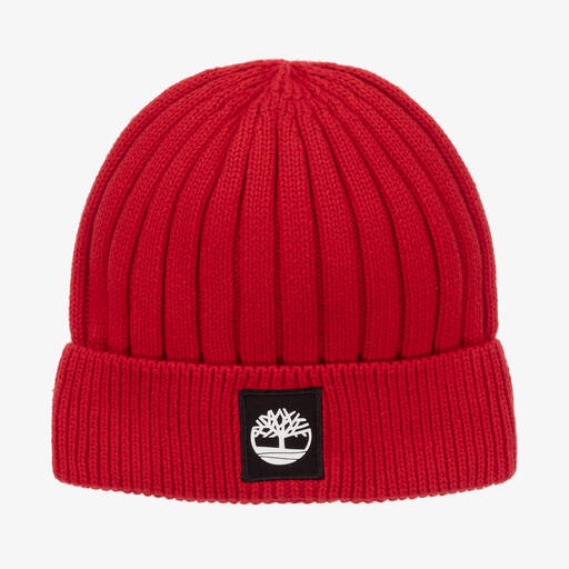 Timberland-Boys Red Cotton Knit Beanie Hat | Childrensalon