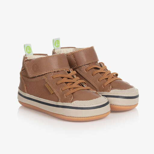 Tip Toey Joey-Baby Boys Brown Leather Hi-Top Trainers | Childrensalon