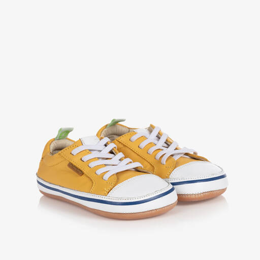 Tip Toey Joey-Yellow Leather Baby Trainers | Childrensalon