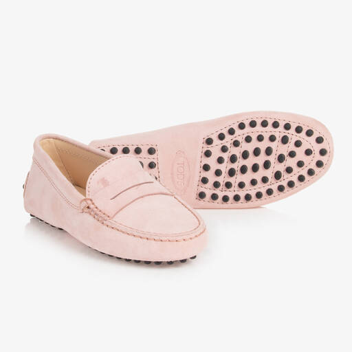 Tod's-Girls Pink Suede Gommino Moccasin Shoes | Childrensalon
