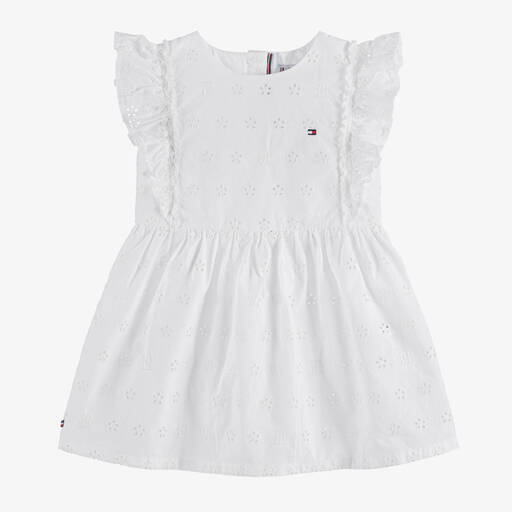 Tommy Hilfiger-فستان قطن برودوري لون أبيض للمولودات | Childrensalon
