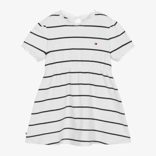 Tommy Hilfiger-فستان قطن جيرسي مقلم لون أبيض وكحلي للمولودات | Childrensalon