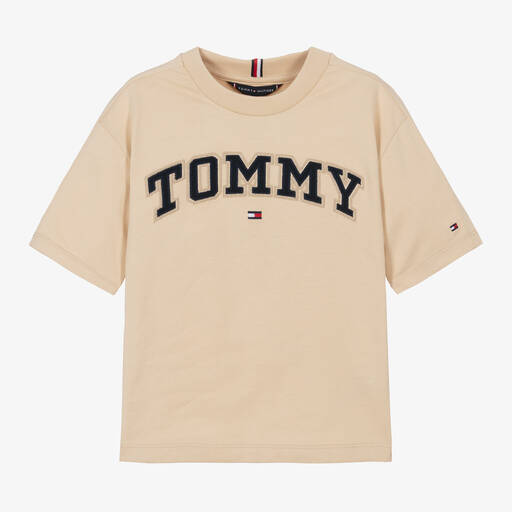 Tommy Hilfiger-Boys Beige Cotton Varsity T-Shirt | Childrensalon