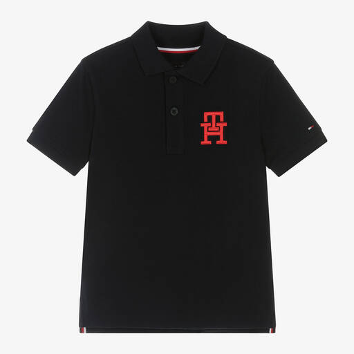Tommy Hilfiger-Boys Blue Cotton Monogram Logo Polo Shirt | Childrensalon