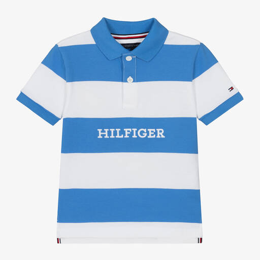 Tommy Hilfiger-Boys Blue Cotton Striped Polo Shirt | Childrensalon