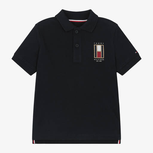 Tommy Hilfiger-Boys Blue Cotton Vertical Flag Polo Shirt | Childrensalon